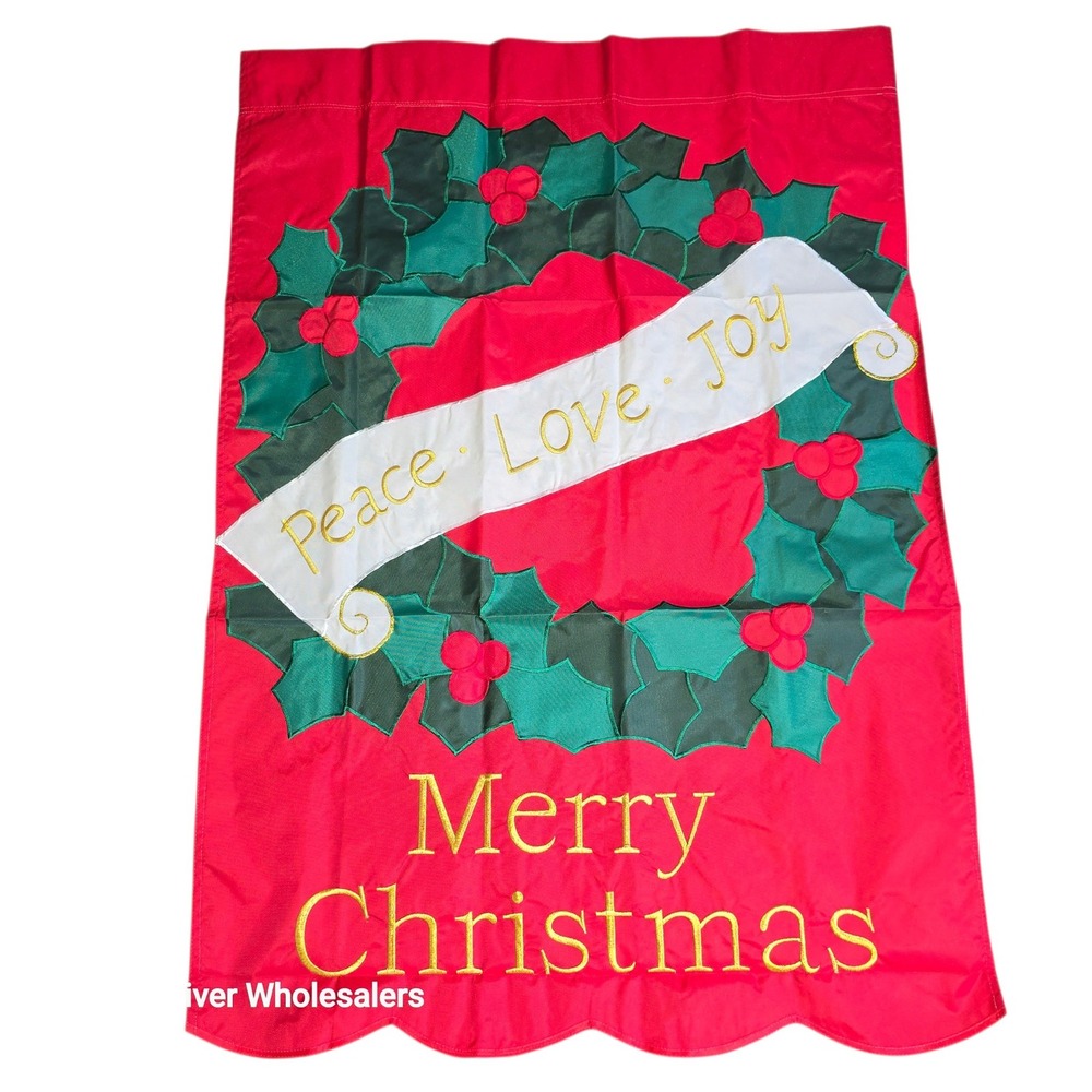 Merry Christmas Peace Love Joy Holly Wreath Applique House Flag Red 28x44
